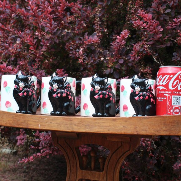 (4)Vtg Wang's International 3D Black Cat Cherries Super rare Handled mugs - Picture 8 of 13